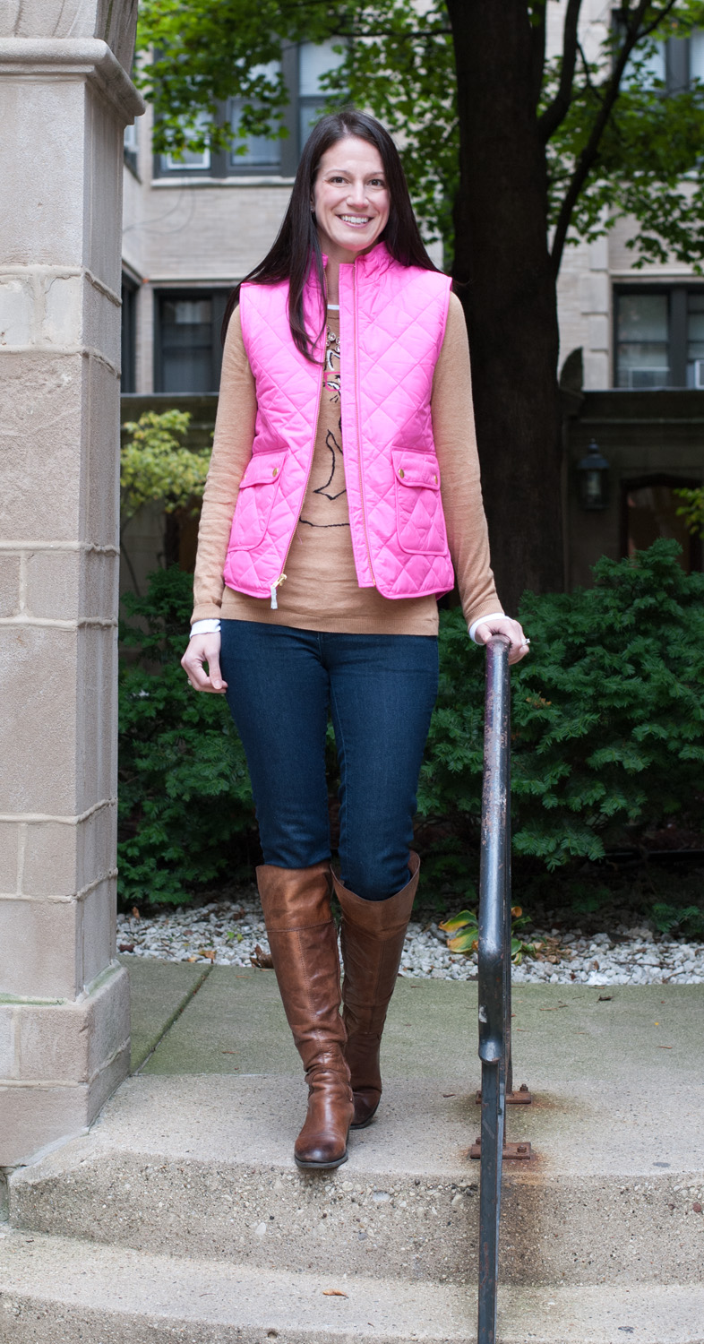 pink puffer vest outfit